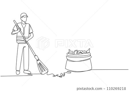 Single one line drawing trash man cleaning trash with broom. Enthusiasm about working to maintain the cleanliness and beauty of nature. Reduce pollution. Continuous line design graphic illustration Single one line drawing trash man cleaning trash with broom. Enthusiasm about working to maintain the cleanliness and beauty of nature. Reduce pollution. Continuous line design graphic illustration 110269218