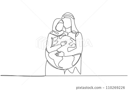 Single one line drawing Arab man and Arab woman hug each other. They both hug the globe. Passion to keep the earth green. Keep away from the pollution. Continuous line design graphic illustration 110269226
