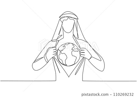 Continuous one line drawing Arab man unbuttons shirt revealing globe on chest. An invitation to always take care of the earth. For the beauty of the earth. Single line draw design vector illustration 110269232