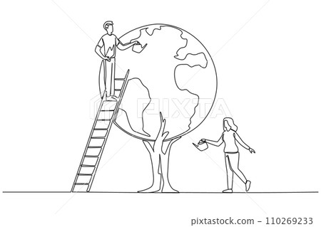 Continuous one line drawing a man climbs a ladder watering a tree whose leaves form a globe. Working together to make the earth keep green. No pollution. Single line draw design vector illustration 110269233