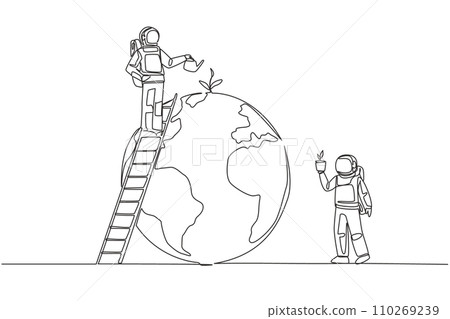 Single continuous line drawing two astronauts work together to green the earth. Plant lots of trees. World environment day. Cosmonaut care the earth. Save planet. One line design vector illustration Single continuous line drawing two astronauts work together to green the earth. Plant lots of trees. World environment day. Cosmonaut care the earth. Save planet. One line design vector illustration 110269239