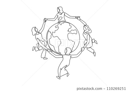 Single one line drawing a group of Arabian women make a circle around the globe. Complete the mission. Stay focused on keeping the earth green. Earth day. Continuous line design graphic illustration 110269251