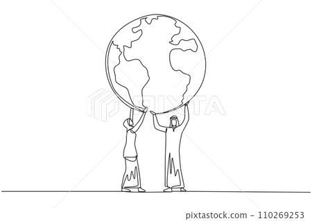 Single continuous line drawing Arab man and Arab woman hold up globe together with both hands. Teamwork makes missions easier. Protect the earth. Save the planet. One line design vector illustration 110269253