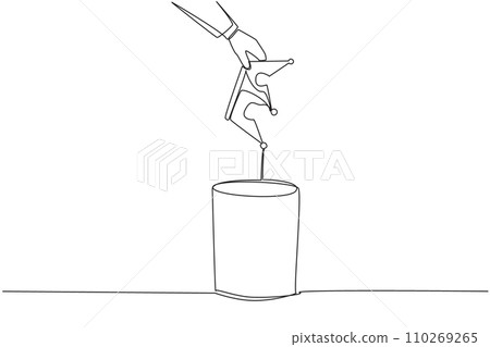 Single one line drawing businessman's hand throwing away broken crown. Replacing arbitrary sovereigns. More prosperous. Happier than before. Better life. Continuous line design graphic illustration Single one line drawing businessman's hand throwing away broken crown. Replacing arbitrary sovereigns. More prosperous. Happier than before. Better life. Continuous line design graphic illustration 110269265