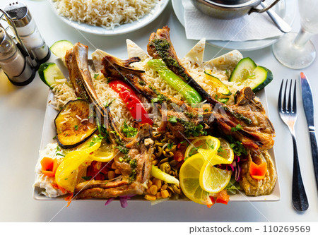 Indian food: Madras beef with basmati rice on the table. Horizontal top view 110269569