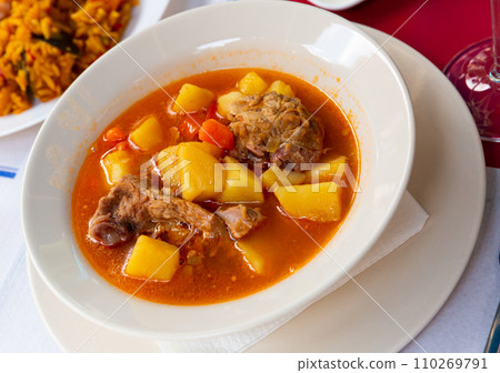 Delicious shurpa from mutton with oriental spices. Traditional oriental dish Delicious shurpa from mutton with oriental spices. Traditional oriental dish 110269791