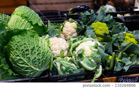 Broccoflower, cauliflower, broccoli, cabbage at market 110269806