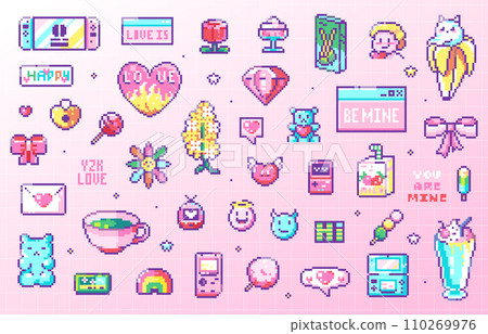 Pixel Art Love, Valentine and Cute Sweets Icons. Decorative Patterns in Pink. Console, Flower, Heart Card, Cupid, Animal, Lollipop, Heart Lock, Bow, Toy, Love Message in Envelope, Beverage. Y2K Design 110269976