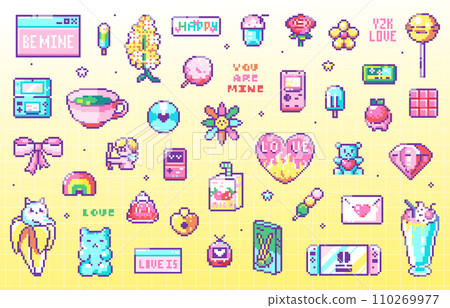 Pixel Art Y2K Love Geek Sticker Set. 8bit Cute Retro Game Elements - Sweets, Consoles, Gifts, Flowers, Animals, Desserts, Cupid, Valentine'd Day Stuff. Vector graphic for decorations, print patterns.	 Pixel Art Y2K Love Geek Sticker Set. 8bit Cute Retro Game Elements - Sweets, Consoles, Gifts, Flowers, Animals, Desserts, Cupid, Valentine'd Day Stuff. Vector graphic for decorations, print patterns.	 110269977