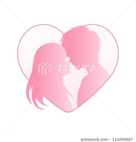 Romantic Pink Silhouette Couple in Heart Shape, Love Concept, Elegant Minimalist Design, Valentine's Day Art. 110269987