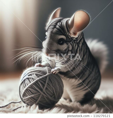 Chinchilla playing with a ball of yarn (AI image) 110270121