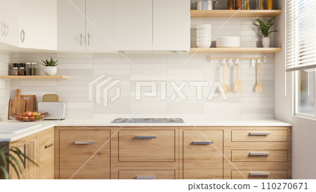 A beautiful modern Scandinavian kitchen with minimal classic wood kitchen cabinet, white tiles wall 110270671