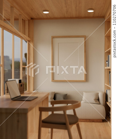 A minimal wood picture frame mockup on a white wall in a modern cosy, Scandinavian room. 110270706