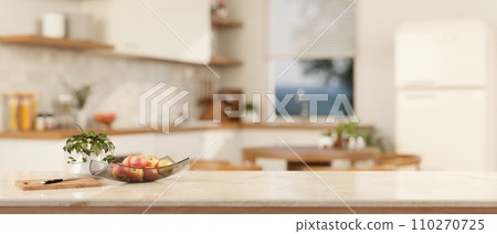 A copy space on a luxury white marble kitchen tabletop in a modern white kitchen. close-up image 110270725