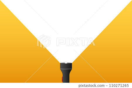 Minimalist Vector Illustration of a Flashlight with Bright Light Beam on Yellow Background, Conceptual Graphic for Visibility, Attention, and Discovery. Minimalist Vector Illustration of a Flashlight with Bright Light Beam on Yellow Background, Conceptual Graphic for Visibility, Attention, and Discovery. 110271265