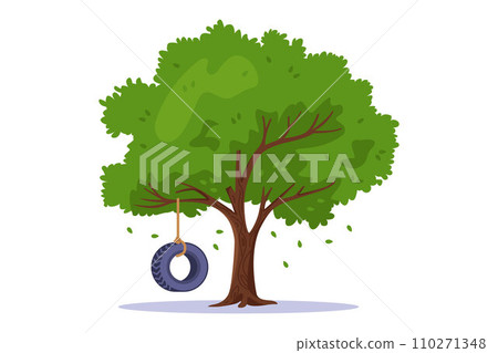 the wheel hangs on a tree. homemade swing. the wheel hangs on a tree. homemade swing. 110271348