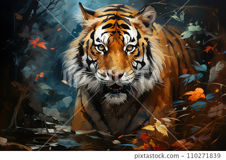 Painting of a tiger walking in the forest colorful Chinese brush strokes Conveying the beauty and elegance of nature strength and courage human freedom and the challenge of seeking something better. 110271839