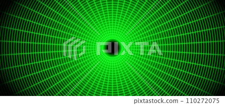 Green glowing wireframe tunnel. Neon wormhole in dark space. Grid tunnel in perspective. Funnel or portal illusion. Circular mesh structure tube. Vector optical illusion art 110272075