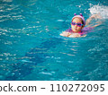 Asian child or kid girl wearing swimming suit to learning on swimming pool , learn and training swim on kick board 110272095