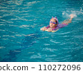 Asian child or kid girl wearing swimming suit to learning on swimming pool , learn and training swim on kick board 110272096