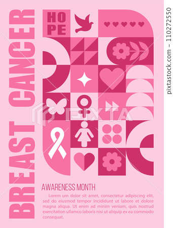 Breast Cancer Awareness Month. Minimal vintage 20s geometric design poster with pink primitive shapes elements. Neo geometrical pattern. Vector illustration in bauhaus minimalist style Breast Cancer Awareness Month. Minimal vintage 20s geometric design poster with pink primitive shapes elements. Neo geometrical pattern. Vector illustration in bauhaus minimalist style 110272550