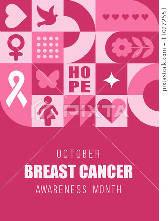 Breast Cancer Awareness Month in october. Bauhaus background with simple shapes and elements. Trendy minimalist card. Vector illustration in neo geometric style. Annual international health campaign Breast Cancer Awareness Month in october. Bauhaus background with simple shapes and elements. Trendy minimalist card. Vector illustration in neo geometric style. Annual international health campaign 110272551