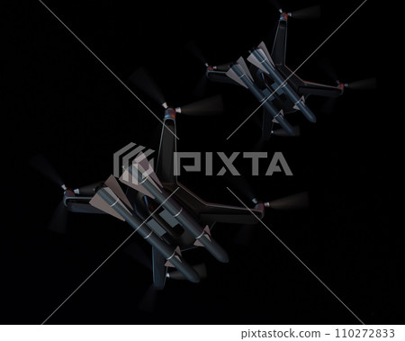 Stealth drones equipped with two missiles are flying in formation in the night sky. 110272833