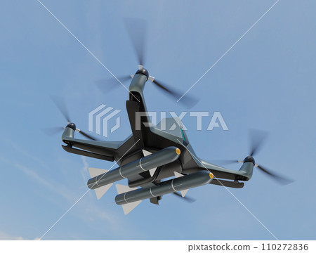 Image of a stealth drone equipped with missiles flying in the sky Image of a stealth drone equipped with missiles flying in the sky 110272836