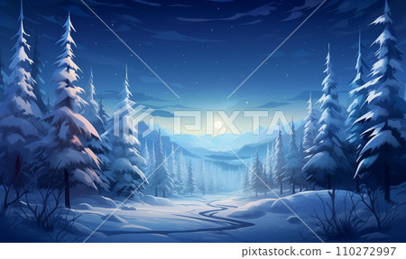 Winter night landscape with the moon, trees and road, background with copy space 110272997