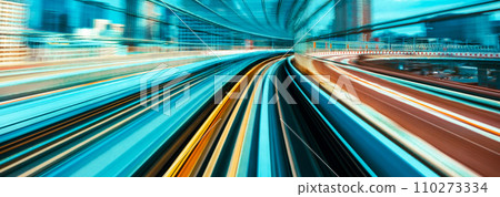 Abstract high speed motion blurred concept image from a monorail in Tokyo, Japan Abstract high speed motion blurred concept image from a monorail in Tokyo, Japan 110273334