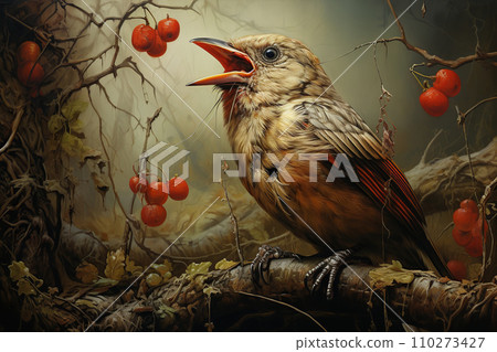A bird with a red beak eating berries on a branch. Vintage style. Generative AI 110273427
