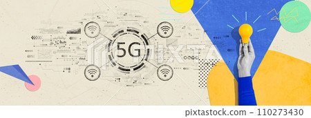 5G network with person holding a light bulb 110273430