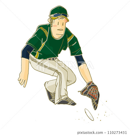 Illustration of an infielder taking a short bounce 110273431