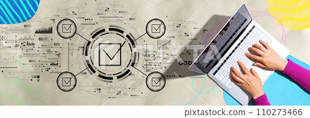 Checklist concept with person using a laptop Checklist concept with person using a laptop 110273466