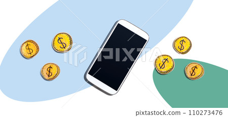 Blank smartphone with coins - earn online theme Blank smartphone with coins - earn online theme 110273476