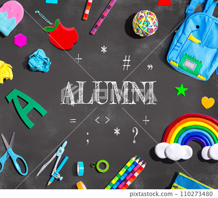 Alumni theme with school supplies on a chalkboard 110273480