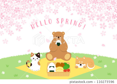 Background illustration of a cat, bear, and Shiba Inu enjoying cherry blossom viewing under spring cherry blossoms Background illustration of a cat, bear, and Shiba Inu enjoying cherry blossom viewing under spring cherry blossoms 110273596