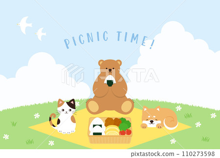 貓、熊和柴犬攤開午餐盒野餐的背景插圖 110273598