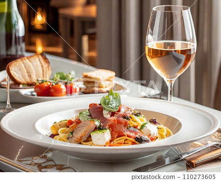 Food and wine lined up on a restaurant table - Italian AI image Food and wine lined up on a restaurant table - Italian AI image 110273605