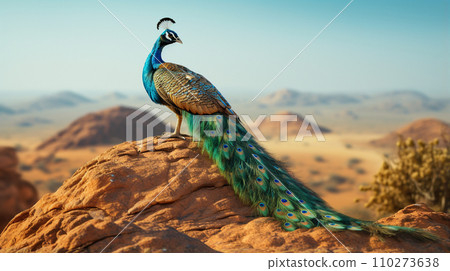 A lone Asian peacock perched atop a rock. 110273638