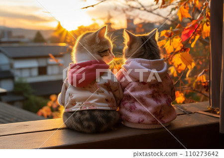 Two kittens wearing clothes, sitting and looking at the sun. 110273642