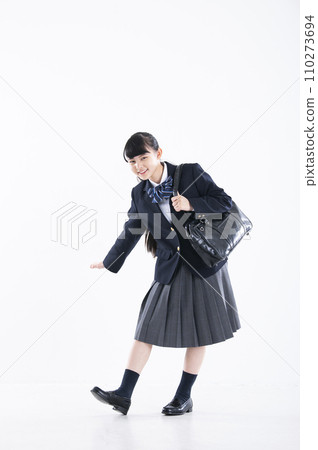 Junior high school girl portrait white background girl junior high school student looking at camera 110273694