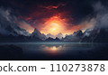 Drawing of a river, mountains and a dark sun. Abstract, colorful 110273878
