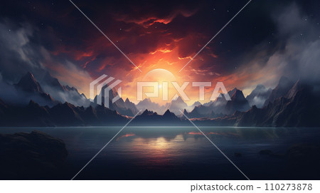 Drawing of a river, mountains and a dark sun. Abstract, colorful 110273878