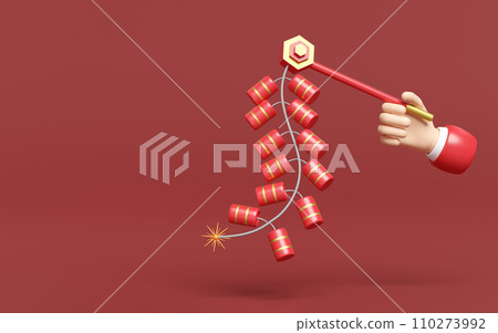 3d hand holding hanging firecrackers for chinese new year holiday. 3d render illustration 110273992