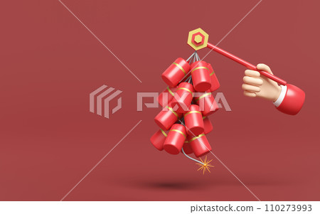 3d hand holding hanging firecrackers for chinese new year holiday. 3d render illustration 3d hand holding hanging firecrackers for chinese new year holiday. 3d render illustration 110273993