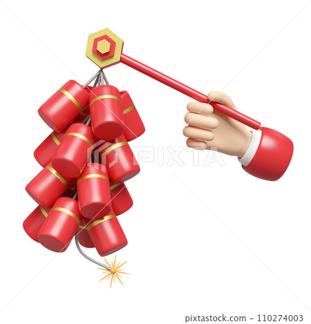 3d hand holding hanging firecrackers for chinese new year holiday. 3d render illustration 3d hand holding hanging firecrackers for chinese new year holiday. 3d render illustration 110274003