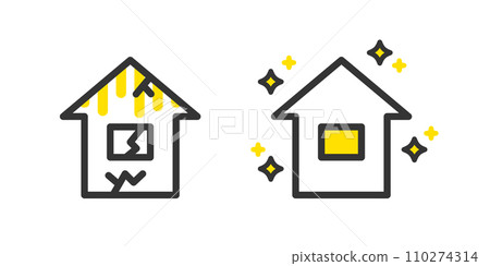 Illustration of a simple house before and after renovation 110274314