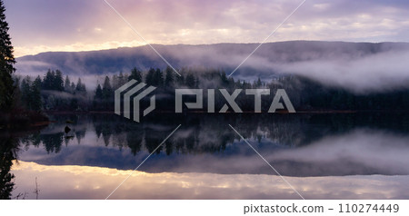 Fog Covered Fairy Lake in Canadian Nature Landscape Background. 110274449