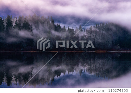 Fog Covered Fairy Lake in Canadian Nature Landscape Background. 110274503